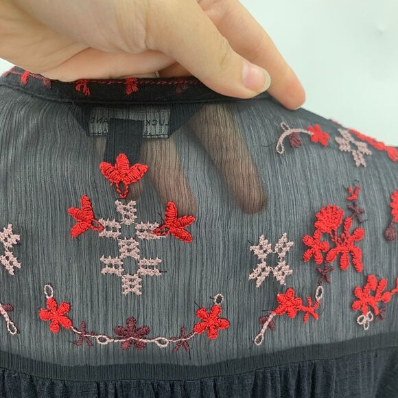 Lucky Brand Boho Blouse Womens S Small Black Embroidered Short Sleeve Semi Sheer - Picture 8 of 15